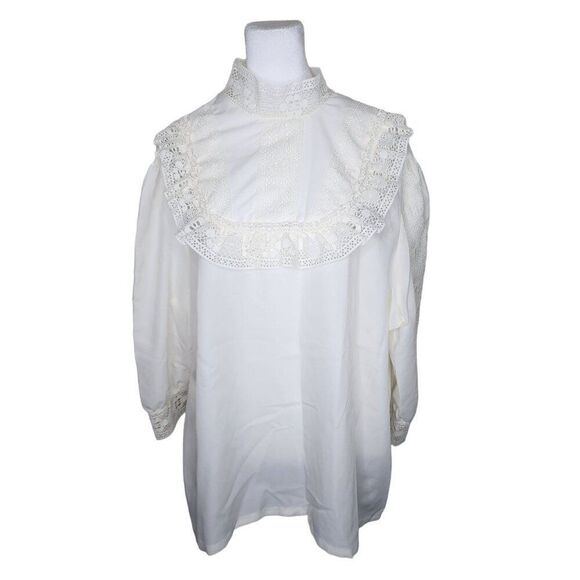 Vintage 80s High Neck Lace Blouse Womens Size 2XL White Romantic Victorian - Picture 1 of 7